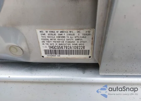2002 Honda Accord 2.3 Se from USA, damaged, VIN 1HGCG56792A109226